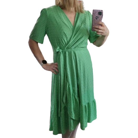 London Times Dresses & Skirts - London Times Green Eyelet Ruffle Faux Wrap Midi Dress Size 14W